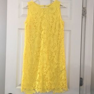 Yellow, lace, shift dress